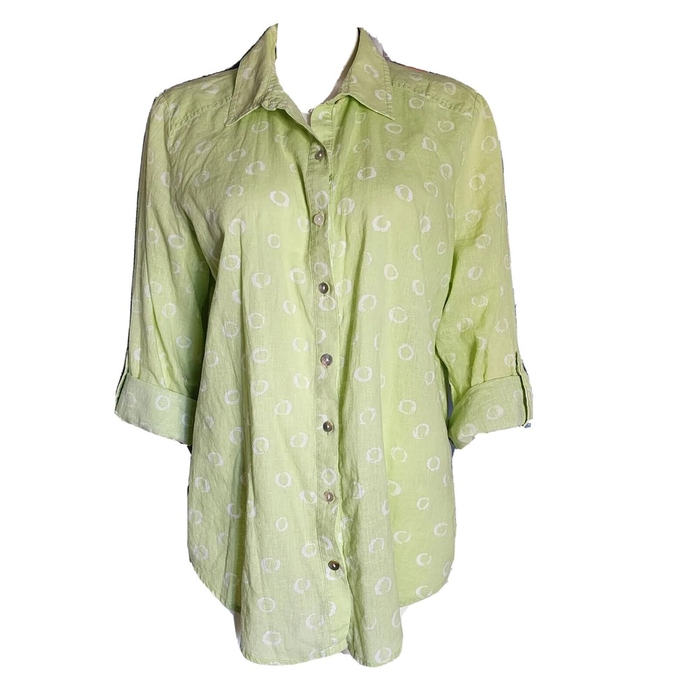 Chicos Top Size 2 Womens Large Green White Circles Geometric Linen Blend Beachy